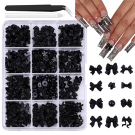 3D Bow Charms for Nails Cute Butterfly Nail Charms Black Bows Style and Flatback Pearl Nails Petal,for Manicure DIY Nail Art Design Jewelry Decoration
