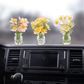 KOOBOOK 3Pcs Cute Mini Daisy Flowers Glass Vase Funny Hydroponic Miniature Plant Car Dashboard Decorations Rear View Mirror Ornaments Fairy Garden Charming Interior Car Accessories for Women (Yellow)