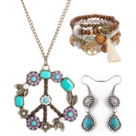 CULEB Boho Wooden Beads Bracelet + Boho Necklace + Boho Earrings, 7 Pieces Boho Accessories Hippie Accessories Women, Women Tree of Life Charm Statement Bangles, Peace Sign Necklace