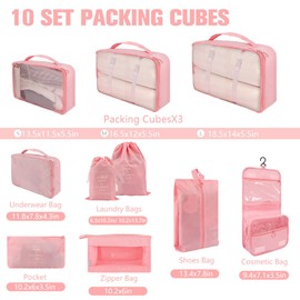 10 Set Packing Cubes for Travel, Lightweight Suitcase Luggage Organizer Bags, Travel Essentials Packing Organizers for Luggage, Packing Cubes for Carry On Suitcase in 4 Sizes with Shoe Bag, Pink