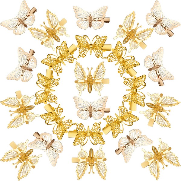24 Pieces Butterfly Shaped Hair Clips Metal Butterfly Hollow Hair Pins Metallic Butterfly Barrettes Hair Accessories for Girls and Women, Gold