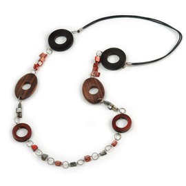Avalaya Wooden Bead and Shell Nugget Cotton Cord Necklace (Coral/Brown/Grey) - 94cm L