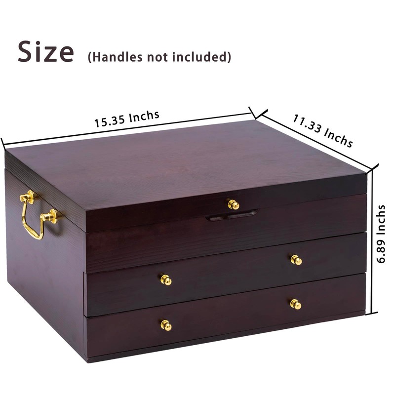 GENRICE Wooden Silverware Chest without Silverware Three-layer, Silverware Box Storage