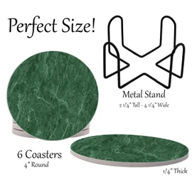 Dark Green Marble Round Coasters Set of 6 - Abosrbent Ceramic Coasters with Metal Stand for Drinks, Coffee, Non-Slip Cork Back for Tabletop Protection, 4 Inches Marbled Pattern (Green)