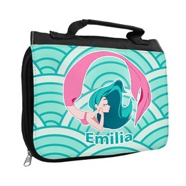 Kulturbeutel mit Namen Emilia und Meerjungfrau-Motiv türkis für Mädchen | Kulturtasche mit Vornamen | Waschtasche für Kinder