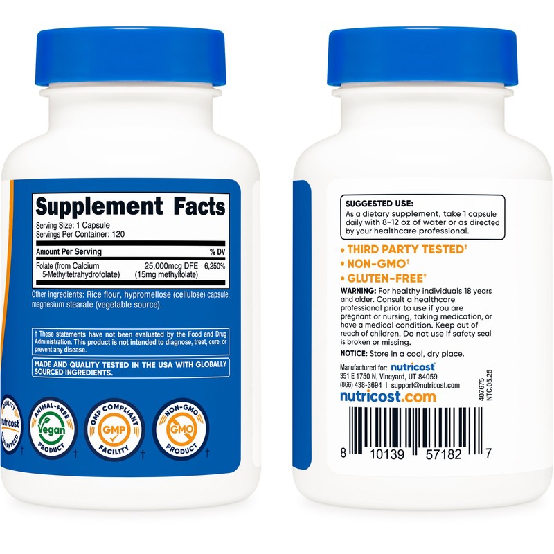Nutricost L-Methylfolate 15mg, 120 Capsules (5-MTHF) - Vegan, Non-GMO, Gluten