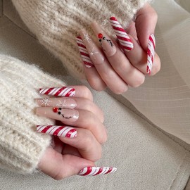 24 Pcs Christmas Press on Nails - Red Press on Nails Long Coffin Press on Nails Square Fake Nails Cute Elk Snowflake Pattern Designs Acrylic Press on Nails Nail Tips Square for Girls