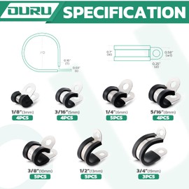 OURU 30PCS Cable Clamps Assortment Kit,7 Sizes—1/8" 3/16" 1/4" 5/16" 3/8" 1/2" 3/4" Stainless Steel Rubber Coated Cushioned Insulated Cable Clamp,Automotive Wire Pipe Clamps