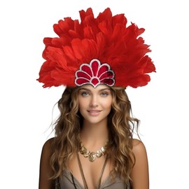 JPXH Feather Headdress Crown with Plumes, Silver Sequined Tiara Design, Showgirl Carnival Costume Headpiece (red)