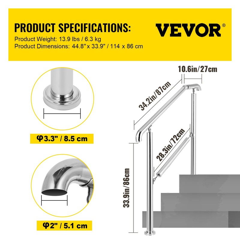 VEVOR Handrail for Outdoor Steps, 2-3 Steps Outdoor Handrail, Adjustable