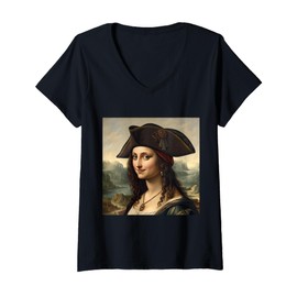 Womens Mona Lisa Inspired Pirate Portrait with Tricorn Hat Style V-Neck T-Shirt