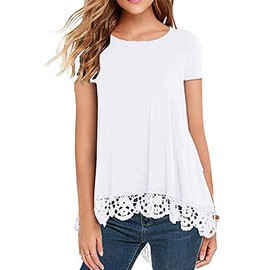 RAGEMALL Women's Tops Short Sleeve Lace Trim O-Neck A-Line Tunic Blouse Tops for Women White L