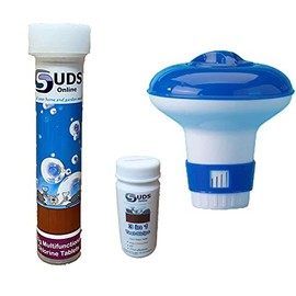 SUDS-ONLINE 10 x 20g Multifunctional Chlorine Tablets + 10 Test Strips +Floating Dispenser for Swimming Pools Spa Hot Tub Paddling Pools