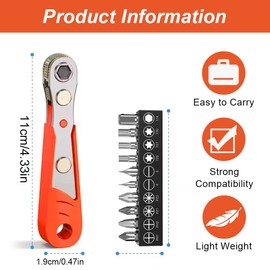 IKOPFLN Magnetic Ratchet Wrench, 110 mm 1/4 Inch Ratchet Reversible Screwdriver, Mini Ratchet Wrench for Gadgets, Cars, Comes with 10 Screwdriver Bits and 1 Magnetizer, red
