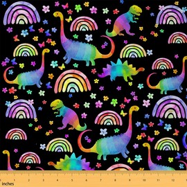 Colorful Dino Rainbow Fabric by The Yard 1 Yard Jungle Dinosaur Rainbow Upholstery Fabric for for Boys Teens Kawaii Stars Rainbow Decorative Waterproof Outdoor Fabric Cartoon Outdoor Fabric