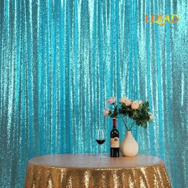 LQIAO Sequin Backdrop 8x8ft Teal Blue Curtain Panels Sequin Fabric Photography Background Wedding Photo Booth Backdrop Birthday Baby Shower Glitter Curtain for Women Girls Party DIY