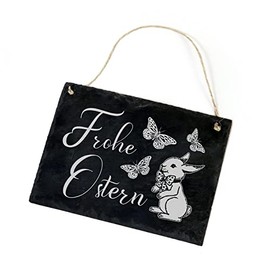 Slate Board "Frohe Ostern" - Sign Easter Bunny Butterflies 22 x 16 cm