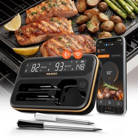 INKBIRD meat thermometer, 1 WIFI barbecue thermometer, 4 probes, suitable for cooking, frying, home cooked dishes, kitchen utensils, INBIRD INT-14-BW - Color: INT-12-BW