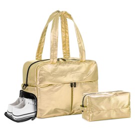 DTGN Compact Travel Duffel Bag for Women, 30L Gym Bag - Stylish Weekender Bag with Shoe Pocket, TSA-Approved Carry-On for Airplane, Fitness, Weekend Getaway(Gold)