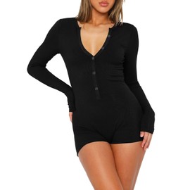 BONITEE Jumpsuit for Women Workout Romper Long Sleeve Bodysuit Stretch Tummy Control Body Suit Knit Ribbed Pretty Garden Bodycon Black L