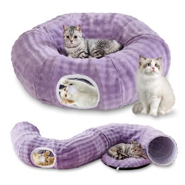 Yaning Bubble Cat Tunnel for Indoor Cats, Round Peekaboo Cave Toy with Dangling Balls, Donut Tunnel Bed with Circle Mat for Puppy Kitten Rabbit, Dusty Purple