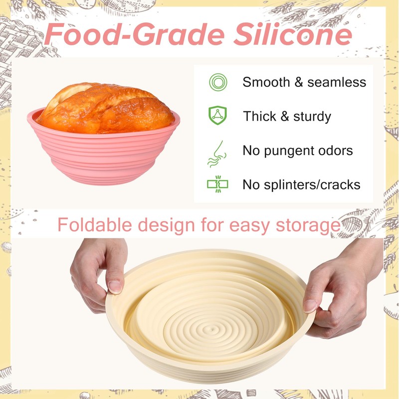 4 Pcs Silicone Bread Proofing Baskets Banneton, 9 Inch Collapsible