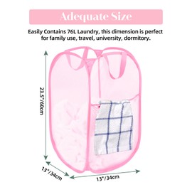 Durable Collapsible Laundry Baskets - Reinforced Mesh Pop Up Laundry Hamper with Side Pocket, Foldable Clothes Storage Hamper with Carry Handles for Laundry, Bathroom, Kids Room, Dorm or Travel Pink