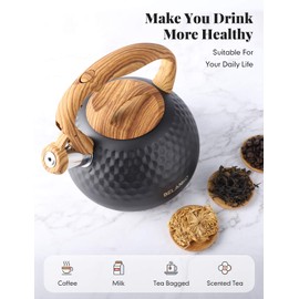 Tea Kettle, 2.7 Quart / 3 Liter BELANKO Stainless Steel Tea Kettles for Stove Top, Food Grade Teapot with Wood Pattern Handle Loud Whistling for Coffee, Milk etc, Gas Electric Applicable - Black