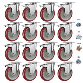 5 Inch Heavy Duty Casters with Brake - Set of 16, 1400lbs Capacity, Double Ball Bearing Non-Marking Caster Wheels, Plate Mount for Furniture, Cart, Workbench, Tool Cabinet, Garage Storage (16 Pack)