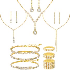 NEWITIN 15 Pieces Gold Jewelry Set for Women Prom Costume Jewels Rhinestone Crystal Necklaces Tennis Bracelets Rings Earrings Set Bridal Wedding Jewelry Sets for Brides Bridesmaid