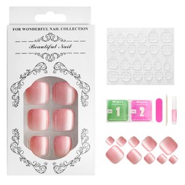 24Pcs Toe Nail Press ons，Pink Gradient Press on Toenails for Women Short Square Fake Toenails with Glitter Powder Design Fake Toe nails Summer Manicure Glossy Toenail Press on nails