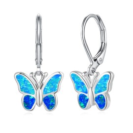 Lasidor Dainty Leverback Blue Opal Hoop Earrings White Gold Plated Butterfly Dangle Earrings Cute Huggie Hoops Jewelry Christmas Gifts