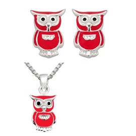 Smykkeline 1568R Girls' Jewellery Set Necklace Stud Earrings 925 Silver Owl Pendant Red