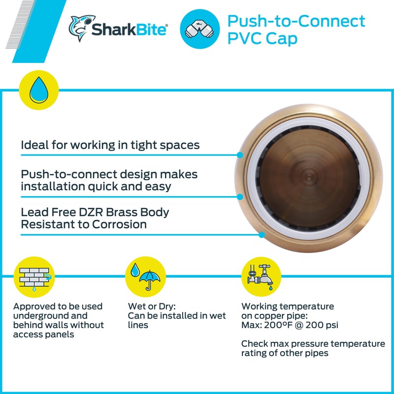SharkBite 1/2 Inch PVC Cap, Push to Connect Brass Plumbing