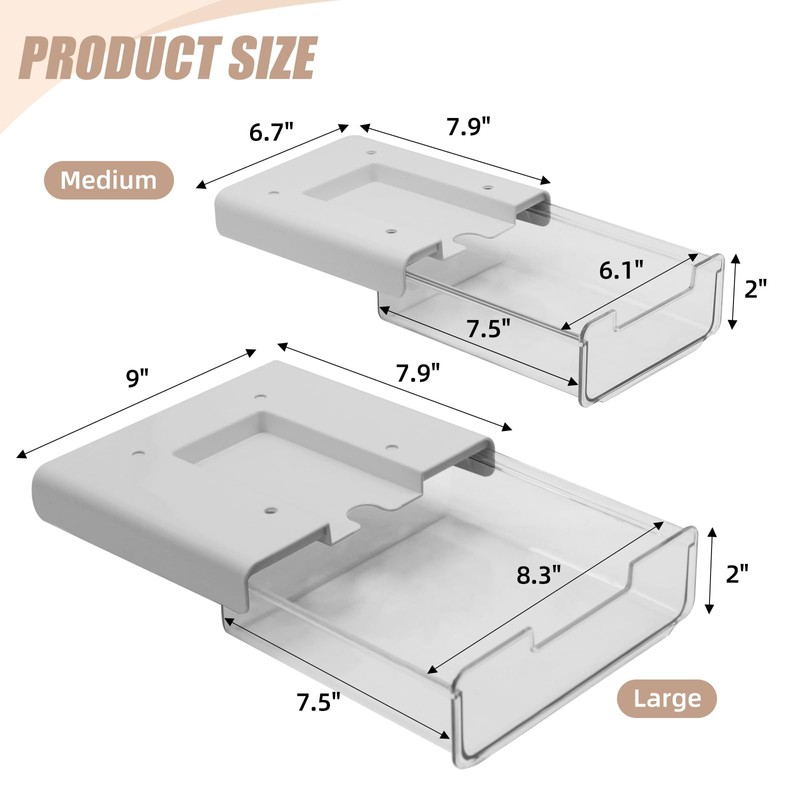 2 Pack Under Desk Storage Drawers Slide Out-Drill-On or Self-Adhesive,Large&Medium