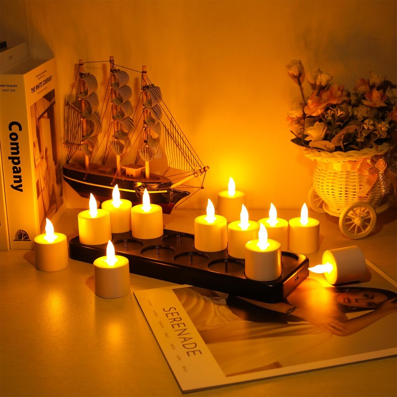 Esup Rechargeable Tea Lights Candles 12pcs Flameless Flickering Candles with