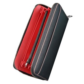 Alivern Men's Long Wallet, Genuine Leather, YKK Zipper, Skimming, Holds 15 Cards, Bills, Coin Purse, Passbook Pocket, Stylish, Large Capacity, Safe, Business, Cowhide Leather, For Men, Black-Red