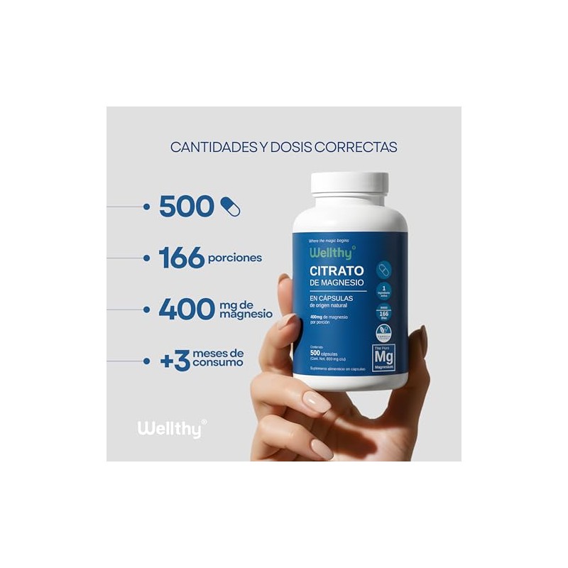 Wellthy Citrato de Magnesio Premium 500 Cápsulas 400mg. 100% Natural,