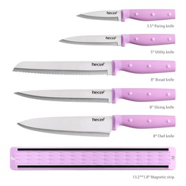 hecef Kitchen Knife Set with Magnetic Strip, 6 pcs Professional Knives Set for Kitchen, 13-inch Magnetic Strip Stainless Steel Sharp Chef Knife Set with Purple Handle for Cutting Meat & Vegetable