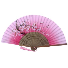 XGAKWD 8 1/4" Handheld Folding Fans with Fabric Sleeve, Chinease/Japanese Folding Silk Cloth Hand Held Fan for Women Dance Decorative (Pink A)