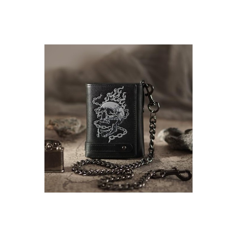 Skull Carteras Para Caballero Piel Cartera Con Cadena Para Hombre，Protección