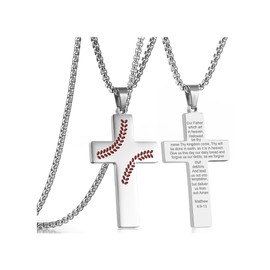 Silver Baseball Cross Necklace for Men Bible Verse,Lord's Prayer Christian Religious Scriptures Faith Baptism 1st First Communion Cross Pendant Chain for Men, Father's day Gifts For Dad Jewelry