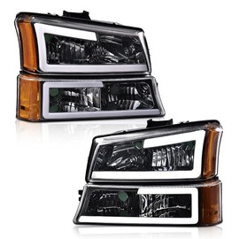 CROSSDESIGN LED DRL Headlights Compatible with Chevy Avalanche 1500 2500 3500 2003-2006/Fit Chevy Silverado 1500 2500 3500 & HD Classic 03-07 bumper Headlamp Clear lens Chrome Housing Amber Reflector