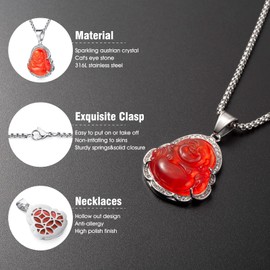 WESTMIAJW Lucky Laughing Red Buddha Pendant Chain Necklace Silver Amulet Jewelry for Men Women 60cm