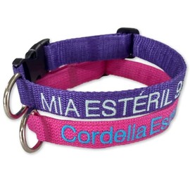 Collar identificador para perro, datos bordados en cinta, varios colores. Datos (sustituye placa) de identificación bordados.