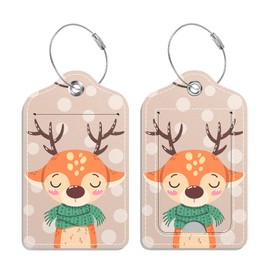 GDJEGE Luggage Tags for Suitcase, 2 Pack PU Leather Travel Cruise Luggage Tag with Privacy Flap, Name ID Label and Metal Loop for Women Men Girls Suitcase Baggage Bag Backpack, Cute Sika Deer