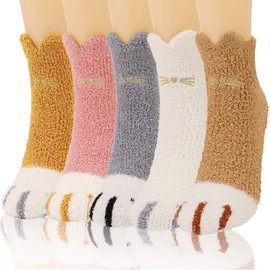 QKURT 5 Pair Cat Fluffy Socks, Fuzzy Cozy Winter Thick Warm Sleep Floor Slipper Socks Home Socks for Women Girls