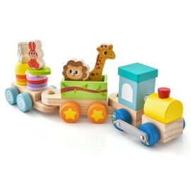 COSTWAY 3-Piece Wooden Railway Set, Children's Wooden Train Stackable with Building Blocks and Colourful Animal Figures, Building Block Train Locomotives Educational for Boys and Girls from 3 Years