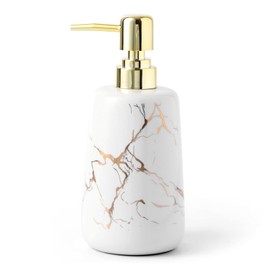 Luxury Marble Ceramic Soap Dispenser – 350ml Refillable Hand Soap Bottle with Stainless Steel Pump for Bathroom & Kitchen Countertop (White)