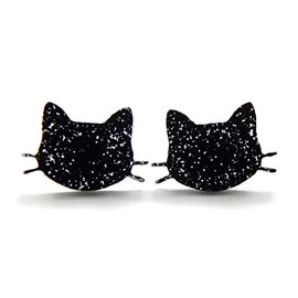 Black Cat Stud Earrings, Black Glitter Cat Head Earrings for Women, Handmade in USA